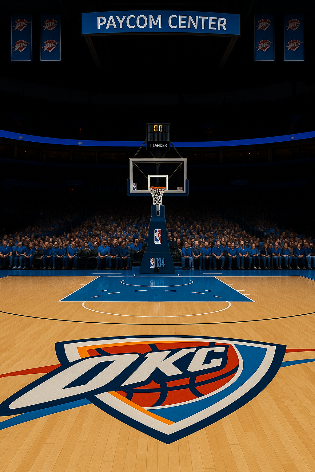 image d'un demi-terrain de basket dans un stade avec des fans dans les tribunes et des bannières au plafond
